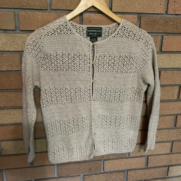 Eddie Bauer Hand Crocheted Linen Cotton Open Knit Button Down Sweater Medium VTG - Picture 4 of 6